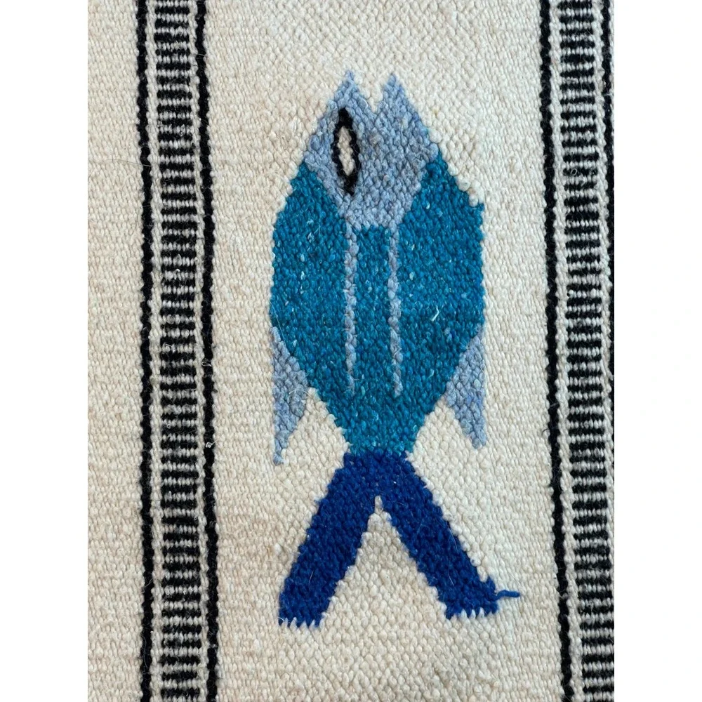 Vintage Mexican/Native Wool Fish Rug Wall /Hanging Folk Coastal Tapestry 80x42